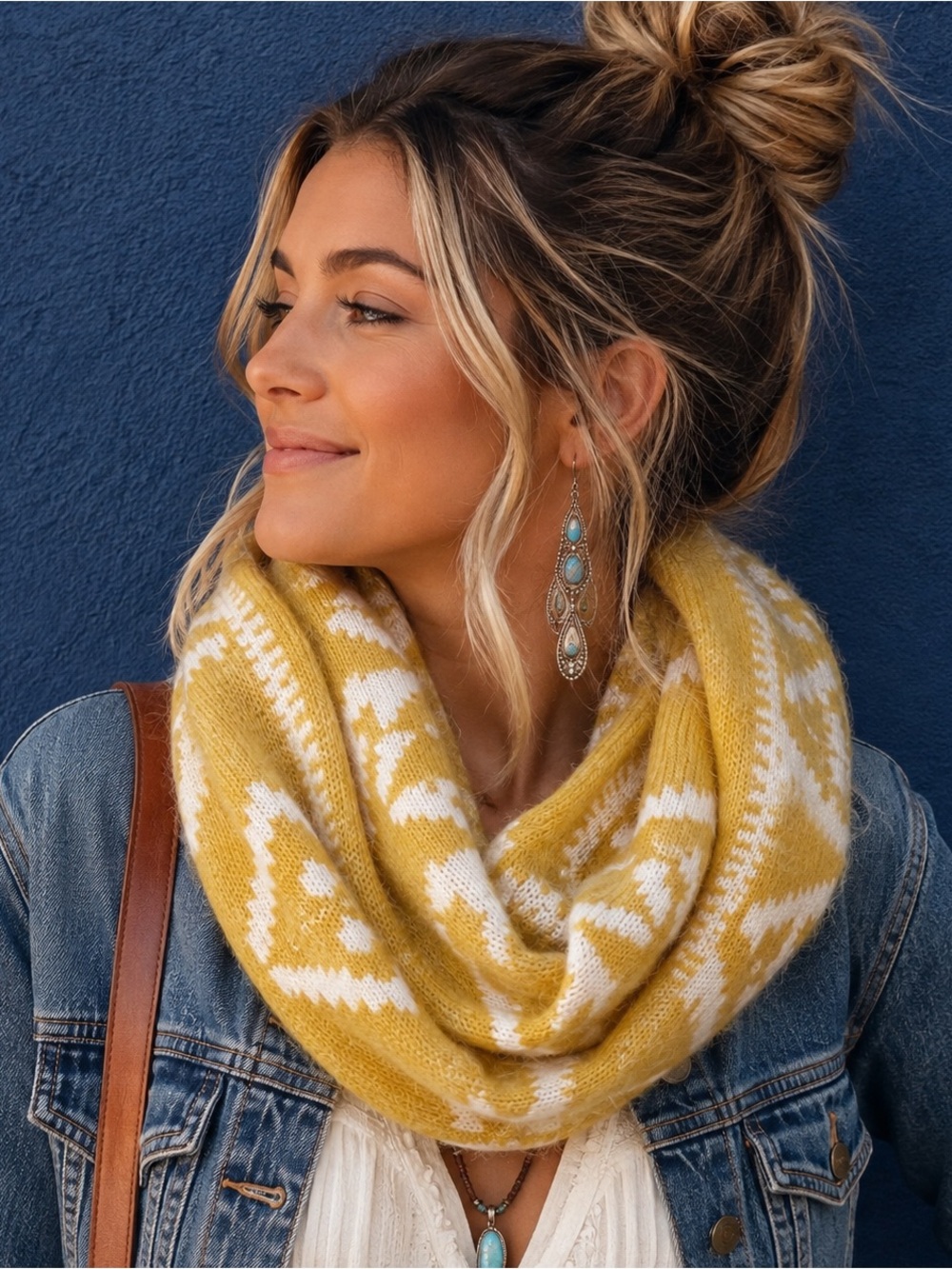 NWT BP Nordstrom Mustard Ivory Geometric Infinity Scarf Boho Western Reversible